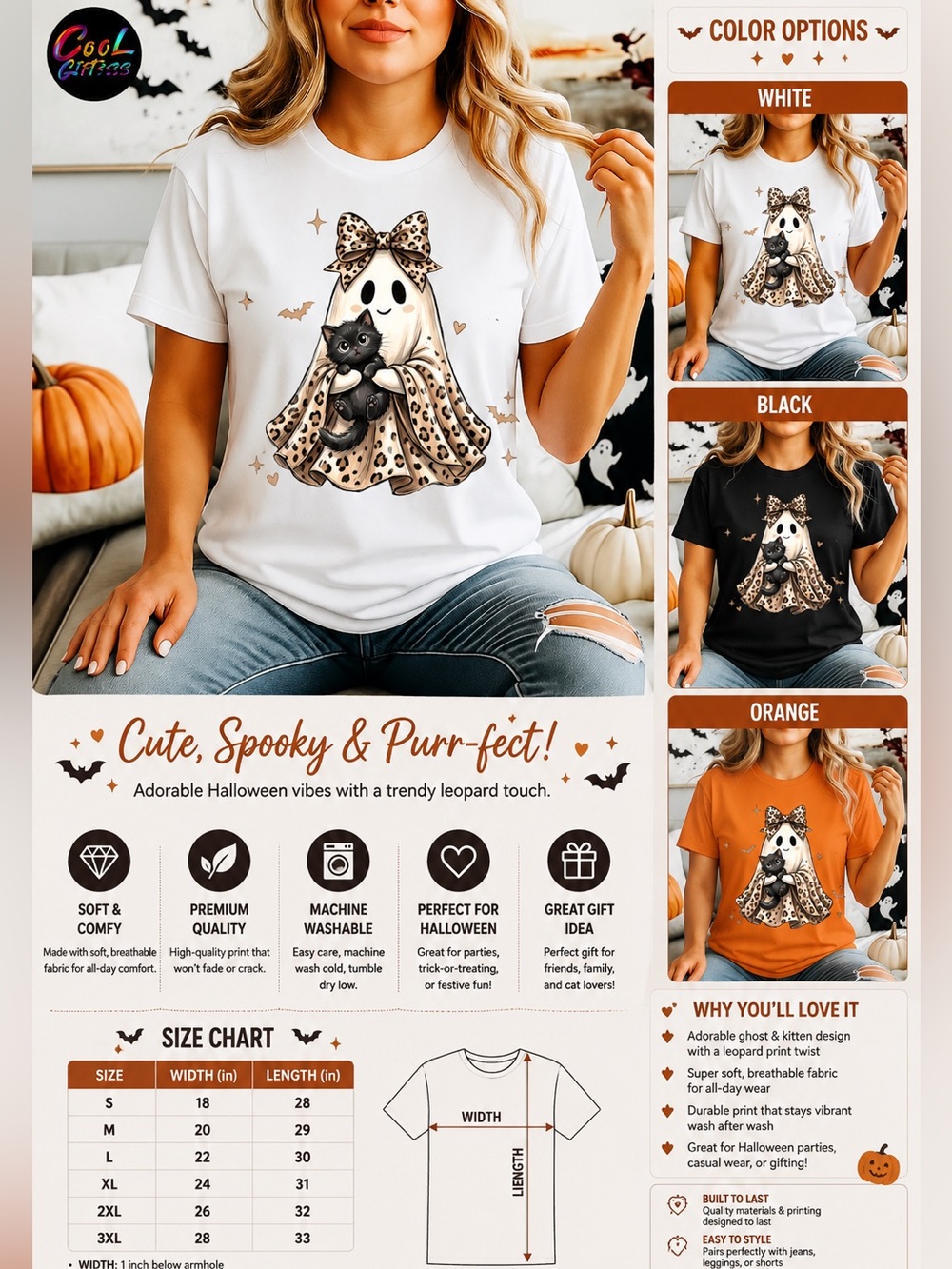 Black Halloween Ghost Cat Graphic T-Shirt New S M L XL animal print cute ghost